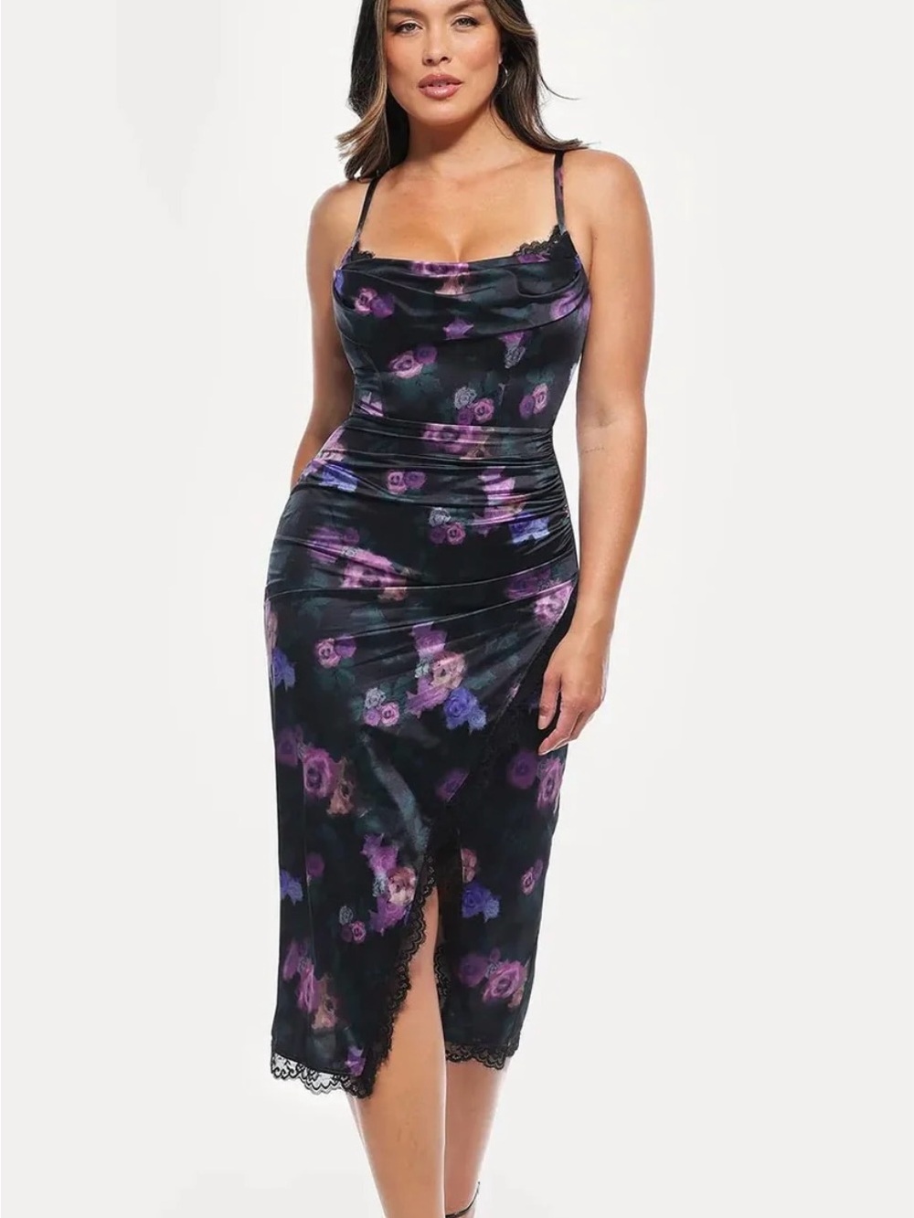 Shapewear Lace Trim Sculpting Floral Midi Dress with Built-In Shapewear size S